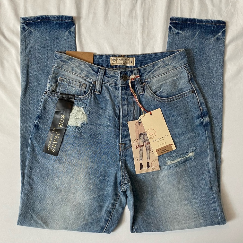 Angel Kiss Blue Mom Jeans with Distressed Details, Super High Rise Fit